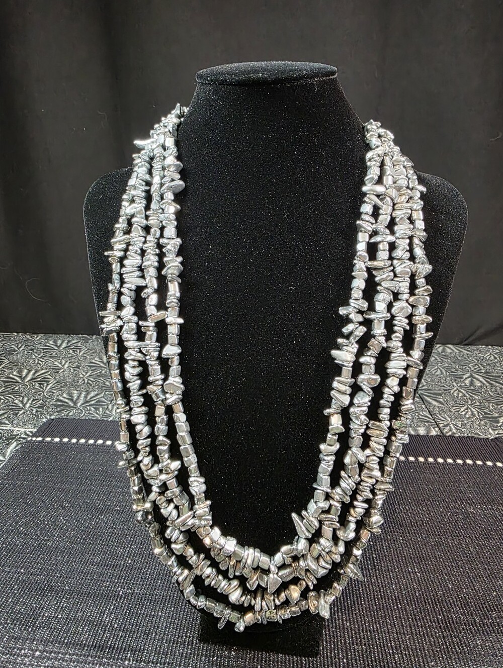 Sassy Jones Metallic Gunmetal Multi Strand Statement Runway Necklace